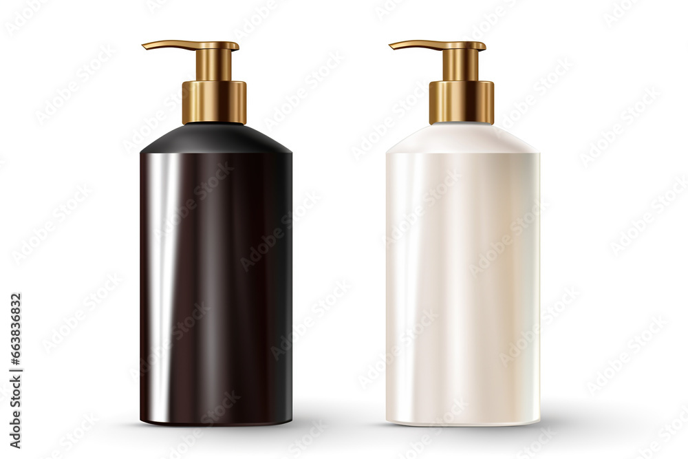 Set of shampoo and hair conditioner plastic bottle with golden pump isolated on white background Set of shampoo and hair conditioner plastic bottle with golden pump isolated on white background