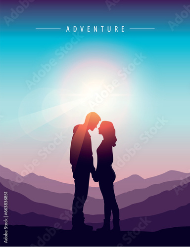 couple on mountain landscape at beautiful sunset vector illustration EPS10