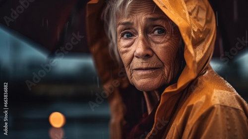 An upset elderly woman in the rain, wearing his raincoat.