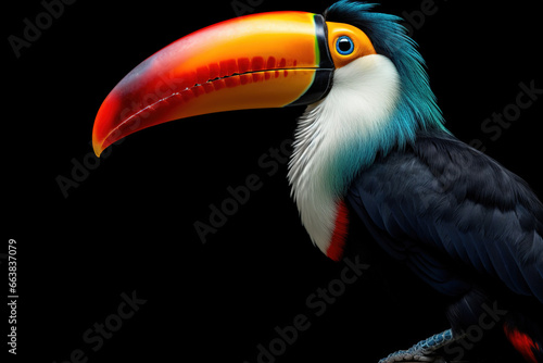 Toucan bird isolated on black background. Copy space