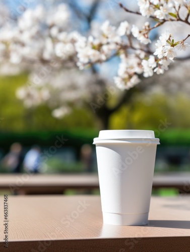 White paper coffee cup with plastic lid on background with cherry blossom trees around it.