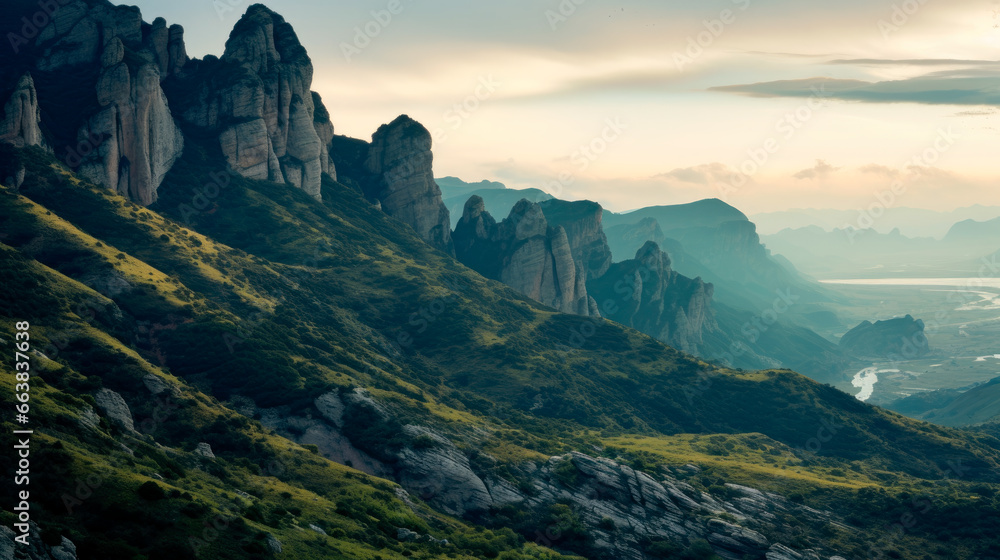 Mountain Landscape with River Valley: A natural landscape featuring rugged rocky mountains, green grass, and a serene river valley in the distance Mountain Landscape with River Valley: A natural landscape featuring rugged rocky mountains, green grass, and a serene river valley in the distance