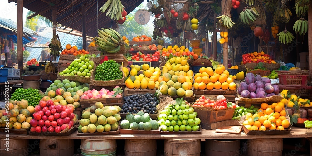 Traditional fruit market, neat arrangement of fruit using wooden boxes