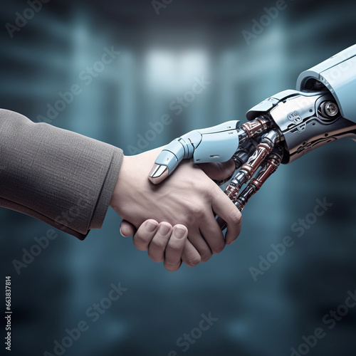 Robot and human in handshake. Concept of human robot relationships.