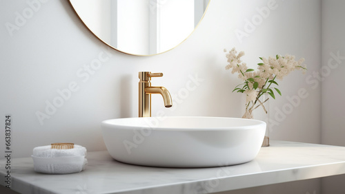 A hotel sink made of white and gold marble  with a clean and elegant feel