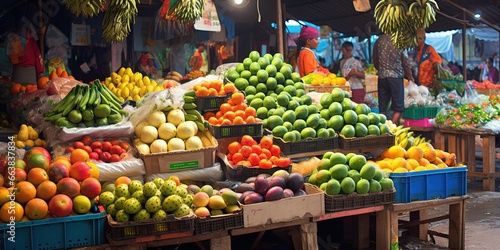 Traditional fruit market, neat arrangement of fruit using wooden boxes © candra