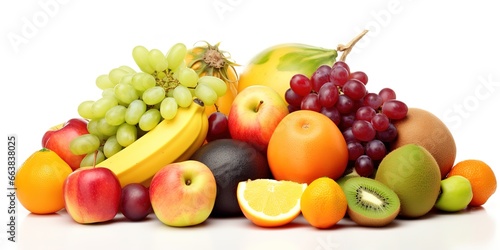 various kinds of fresh fruit  grapes  bananas  pineapples  apples etc.  on a white background