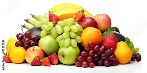 various kinds of fresh fruit, grapes, bananas, pineapples, apples etc., on a white background