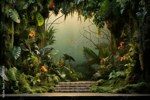3D stage display with lush foliage. Generative AI