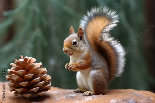a little squirrel near a pinecone. Generative AI