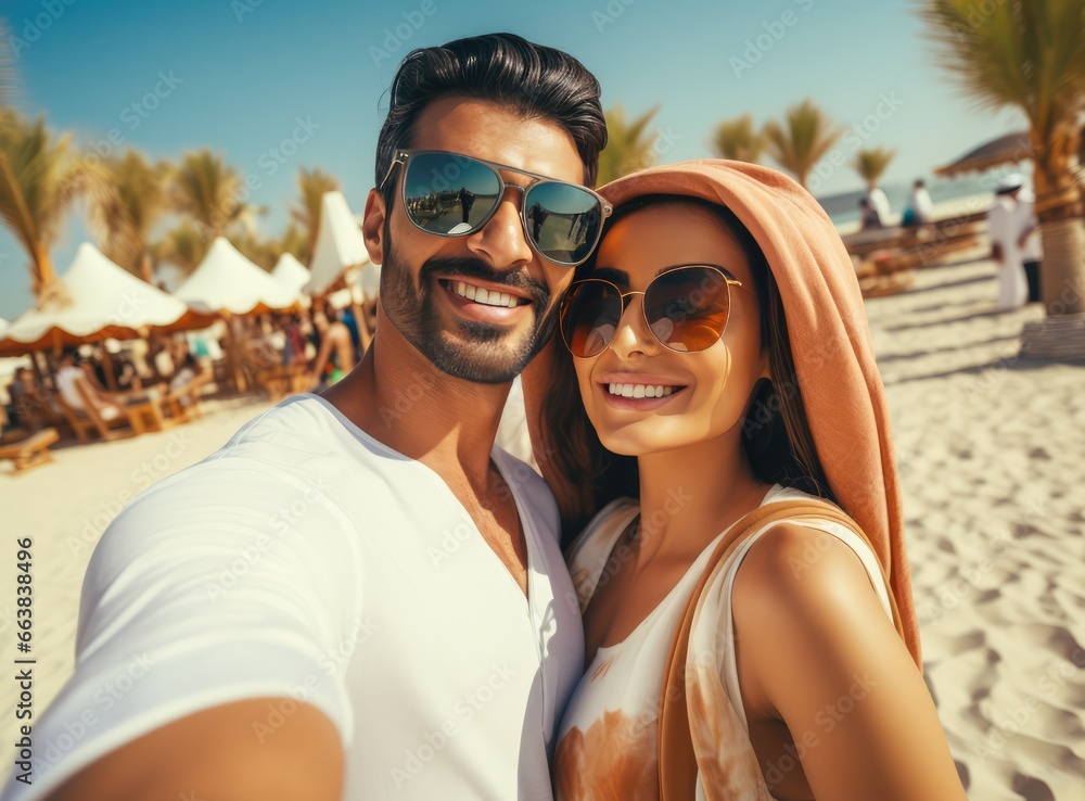 A Happy Couple Posing Together for a Photo at the Beach. Fictional characters created by Generated AI. A Happy Couple Posing Together for a Photo at the Beach. Fictional characters created by Generated AI.