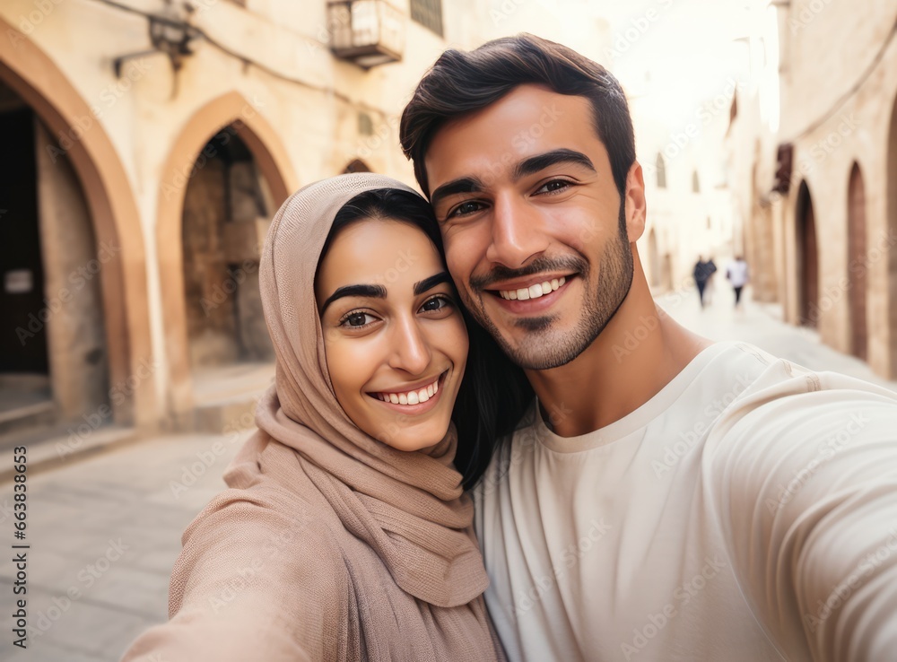 A Young Muslim Man and Woman Posing for a Selfie in an Old City. Fictional characters created by Generated AI. A Young Muslim Man and Woman Posing for a Selfie in an Old City. Fictional characters created by Generated AI.