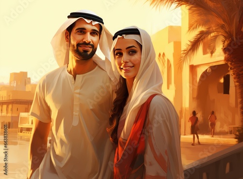 Arabic Speaking Man and Woman Wearing Headscarves and Dresses. Fictional characters created by Generated AI.