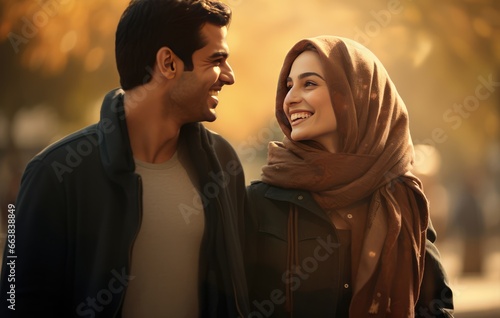 A happy couple embracing each other in a scarf, enjoying an outdoor walk.. Fictional characters created by Generated AI.