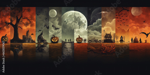 Halloween landscape with moon. Banner halloween background in collage style.