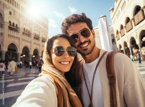 A happy couple poses for a picture in a public square. Fictional characters created by Generated AI.