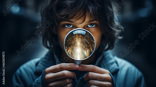 Person with Magnifying Glass and Thoughts
