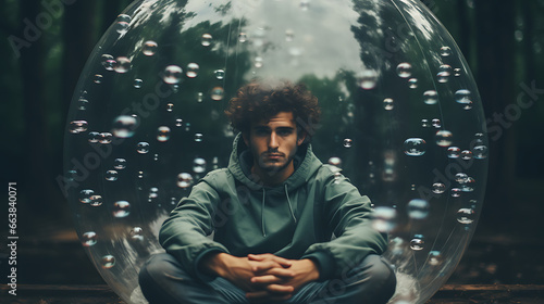Man Inside a Bubble Representing Social Anxiety photo