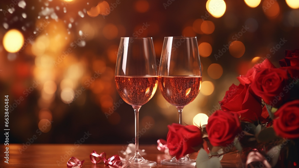 Happy Valentine's Day Next to it is a gift box with a bouquet of red roses, falling petals, and two pairs of wine glasses on a blurred background. Surprise on a happy night. Generative AI Happy Valentine's Day Next to it is a gift box with a bouquet of red roses, falling petals, and two pairs of wine glasses on a blurred background. Surprise on a happy night. Generative AI