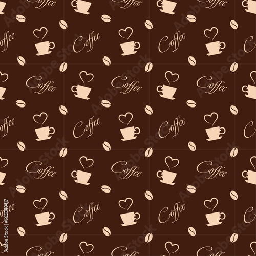 The vector seamless pattern with coffee cups and beans