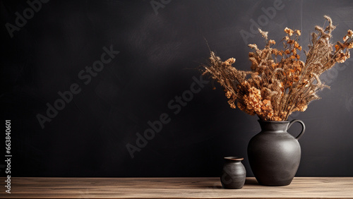 Matte black wallpaper with dried flowers in a vase on a wooden table