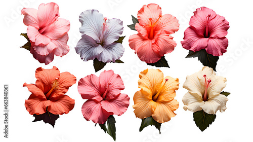 Hibiscus Flowers, Collection of Hibiscus Flowers, Flowers, Buds, Leaves, Various Stages of Bloom, Vibrant Color, , Isolated Over a Transparent White Background, Transparent PNG