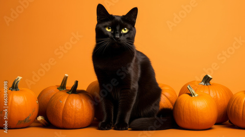 Creepy black cat and pumpkins, for halloween celebration against orange wall © Malambo/Peopleimages - AI