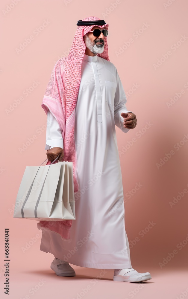 A man in a pink headscarf holding shopping bags. Fictional characters created by Generated AI.