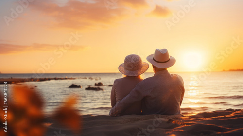 Loving senior couple spending quality time after retirement or on vacation at sunset
