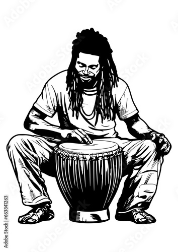 Vector black musician jembe playaer  in shadow of sharp lines style	