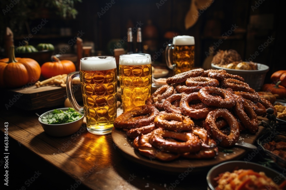 Beer and grilled sausages with rosemary. AI Generated