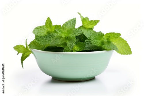 Bowl with fresh mint leaves on white background. Medicine spice plant for tea flavor. Generate Ai
