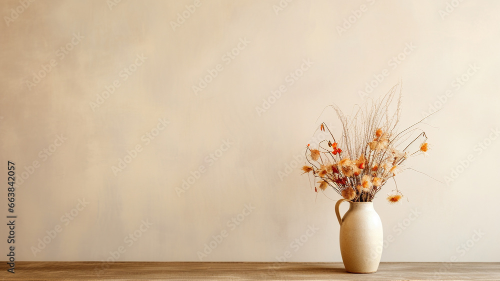 Beige wallpaper with dried flowers in a vase on a wooden table