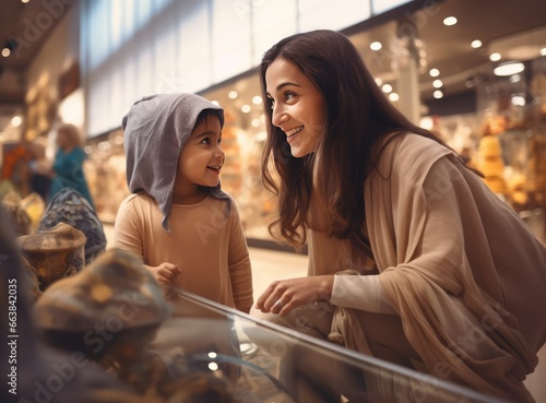 A woman and a young child in a store. Fictional characters created by Generated AI.