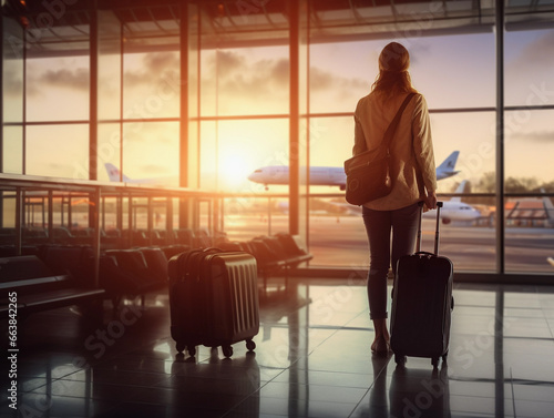 Tourists with suitcases standing together in the airport and waiting for departure