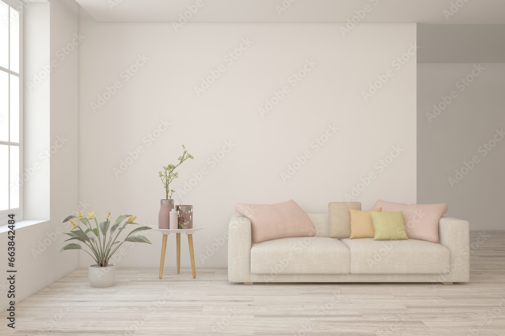Fototapeta premium White modern interior design with sofa. Scandinavian interior design. 3D illustration