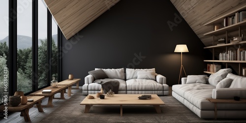 Attic living room with minimalist white sofa, simple and elegant
