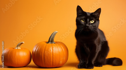 Creepy black cat and pumpkins, for halloween celebration against orange wall © Malambo/Peopleimages - AI