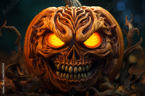close up and focused shot of a pumpkin carved in spooky style for halloween. Generative Ai
