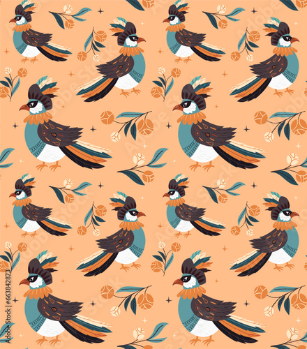 Vintage vector pattern with a bird in a carnival costume. Ideal for textiles, wrapping paper and holiday projects.