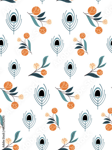 Seamless pattern with a peacock feather and a flower on a white background. P...