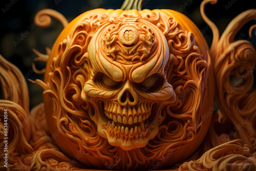 close up and focused shot of a pumpkin carved in different styles, halloween. Generative AI close up and focused shot of a pumpkin carved in different styles, halloween. Generative AI