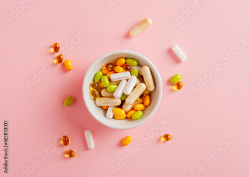 Color Dietary Supplements, Vitamin Capsules, Mineral Pills, Healthy Multivitamin Capsule photo