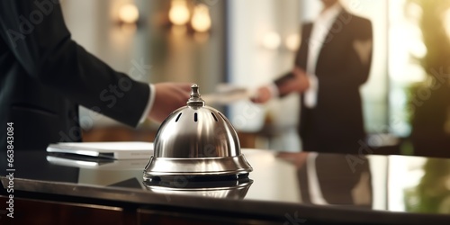 Hotel service bell Concept hotel, travel, room, modern luxury hotel reception desk in background. photo