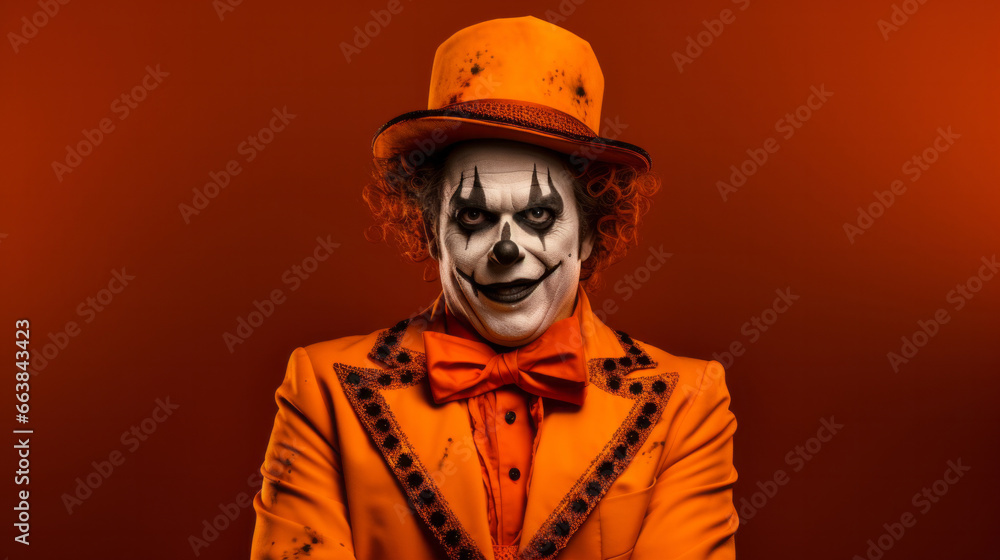 Portrait of a evil creepy clown makeup and costume for halloween celebration Portrait of a evil creepy clown makeup and costume for halloween celebration