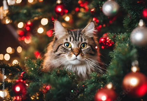 cat and christmas tree, cat in christmas tree