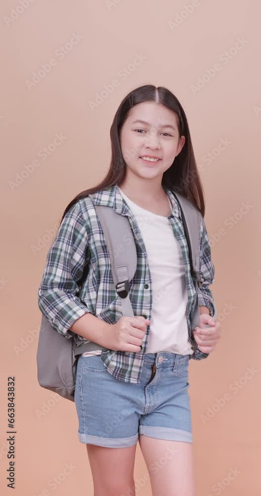 Vertical clip. Cute school girl is carrying a school bag on a brown background. Vertical clip. Cute school girl is carrying a school bag on a brown background.