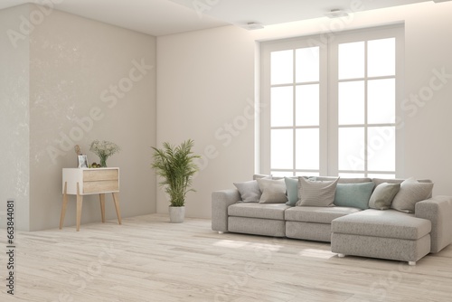 White modern interior design with sofa. Scandinavian interior design. 3D illustration © AntonSh