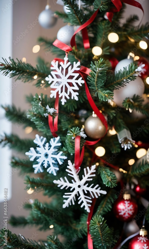 A Christmas Tree With Red And White Ornaments A Christmas Tree With Red And White Ornaments