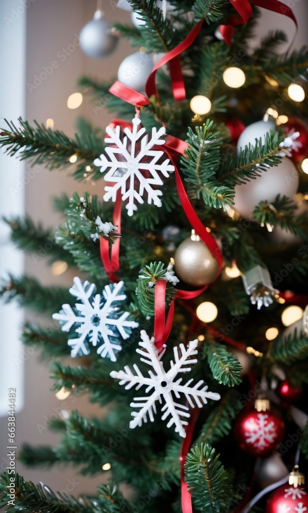 A Christmas Tree With Red And White Ornaments